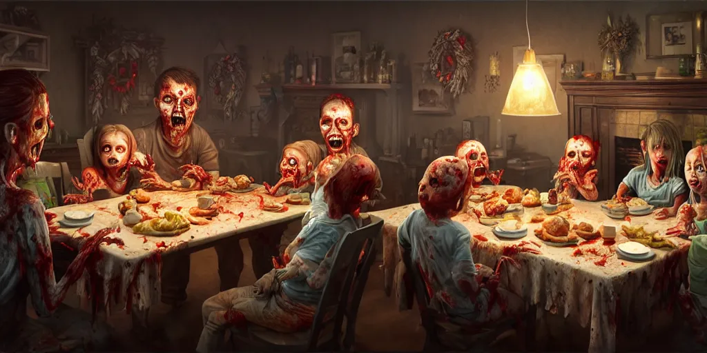 Image similar to a zombie family christmas diner, wide angle, super highly detailed, professional digital painting, artstation, concept art, smooth, sharp focus, no blur, no dof, extreme illustration, unreal engine 5, photorealism, hd quality, 8 k resolution, cinema 4 d, 3 d, beautiful, cinematic, art by greg rutkowski. by james gurney