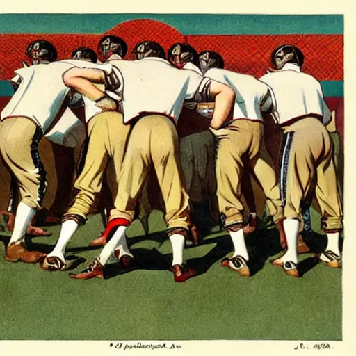 Prompt: 1920s full color illustration by J.C. Leyendecker of handsome male football players in a huddle on the field, football on the ground in between the handsome football players