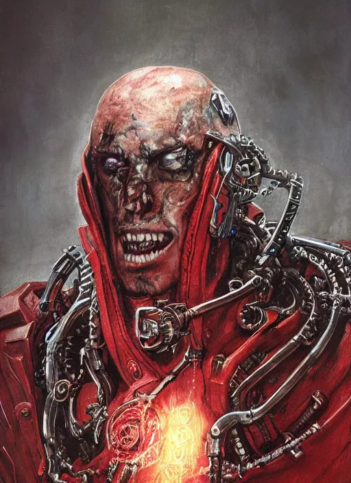 Image similar to portrait of rotten Nicolas Cage as adeptus mechanicus in red hood and robe from Warhammer 40000, mechanical tentacles. Highly detailed, artstation, illustration by and John Blanche and zdislav beksinski and wayne barlowe