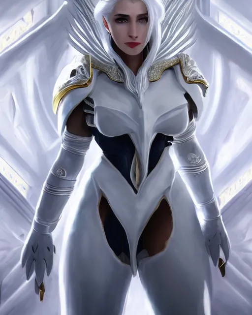 Image similar to perfect white haired attractive egyptian goddess with huge white dove wings, warframe armor, beautiful, symmetric, khaleesi, half asian, pretty face, blue eyes, detailed, scifi platform, laboratory, experiment, 4 k, ultra realistic, epic lighting, android body, illuminated, cinematic, masterpiece, art by akihito tsukushi, voidstar