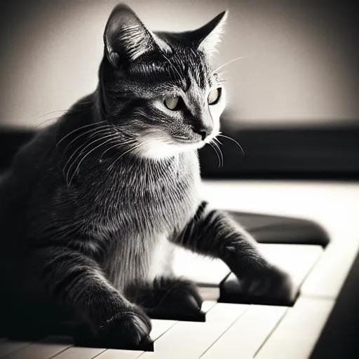 Image similar to “ cat sitting on piano, professional photography ”