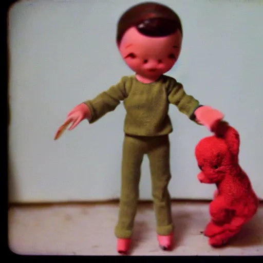 Image similar to 1 9 5 0 s, children toys on strings, fear, doll phobia, horror, jump scare, pov, polaroid,