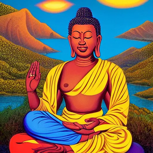 Image similar to contented peaceful south african!!! woman!!!! buddha, praying meditating, in a scenic environment, detailed, golden hour, expressionist painting by ernie barnes