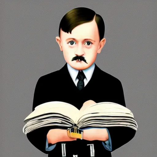 Image similar to adolf hitler as a little child in a school uniform carrying books, hitler mustache, white background, full color digital art, cartoon