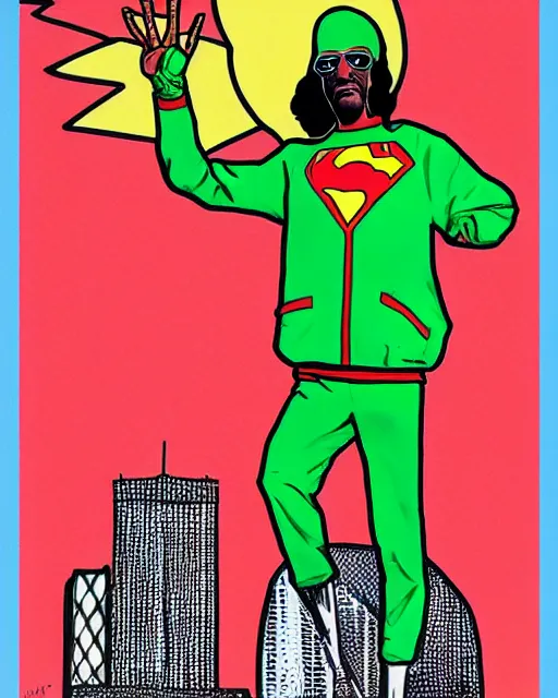 Image similar to pop art, snoop Dogg dressed as a green Superman with a marijuana logo, Long Beach background, sunset