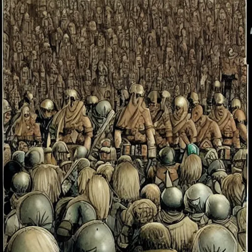 Image similar to enoumous crowd of people, as seen in the battle of helm's deep, but no weapons or armor present, everyone is laughing and pointing at donald trump standing on a podium with pants. style of the far side.