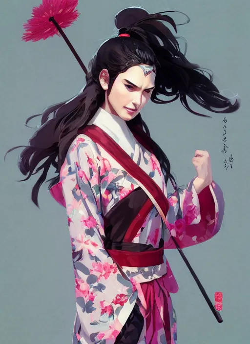 Image similar to gal gadot as nezuko from demon slayer ねずこ wearing floral kimono by artgem by greg rutkowski trending on artstation