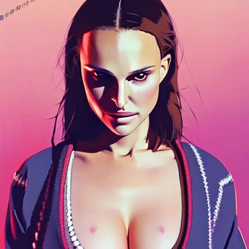 Prompt: a beautiful natalie portman alluring gravure! plus sized model, wearing oversized mayan bomber jacket and leotard with overalls, bulky poofy bomber jacket with mayan patterns, aztec street fashion, gapmoe yandere grimdark, trending on pixiv fanbox, painted by greg rutkowski makoto shinkai takashi takeuchi studio ghibli, akihiko yoshida