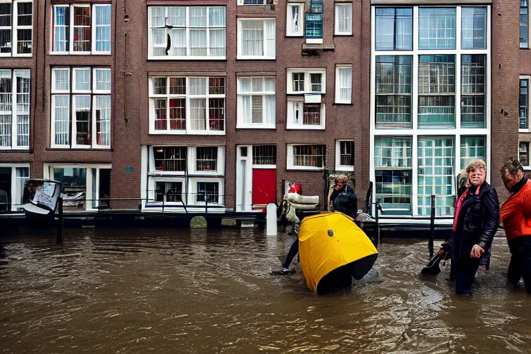 Image similar to Dutch people trying to fight back the flood in Amsterdam, photograph, natural light, sharp, detailed face, magazine, press, photo, Steve McCurry, David Lazar, Canon, Nikon, focus