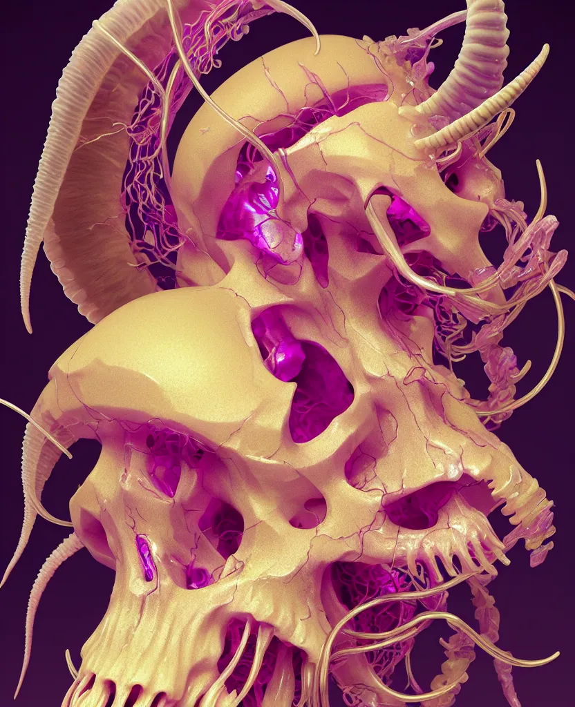 Image similar to goddess close-up portrait goat skull. jellyfish phoenix head, nautilus, orchid, skull, betta fish, bioluminiscent creatures, intricate artwork by Tooth Wu and wlop and beeple. octane render, trending on artstation, greg rutkowski very coherent symmetrical artwork. cinematic, hyper realism, high detail, octane render, 8k