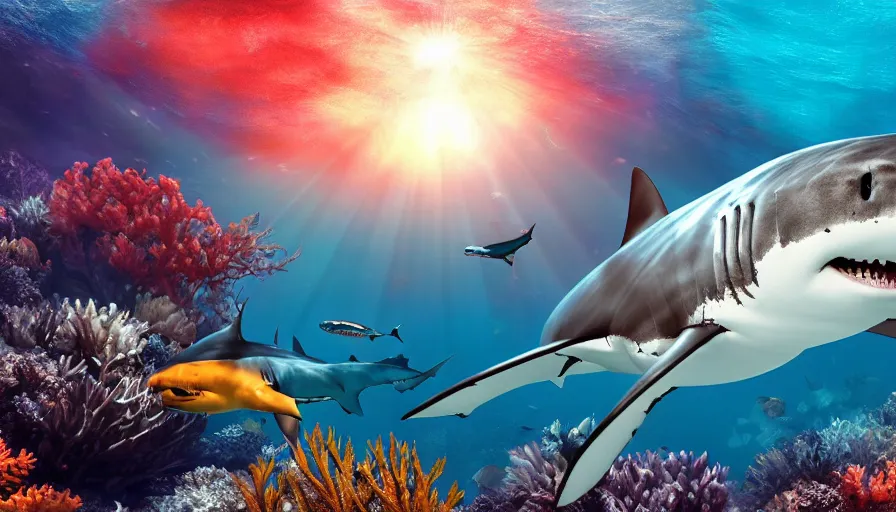 Image similar to a beautiful, noble, great white shark : 1, underwater scenery, beautiful colorful corals, remora and other sea creatures of the ocean - life, god - rays, volumetric lighting, 8 k, digital art