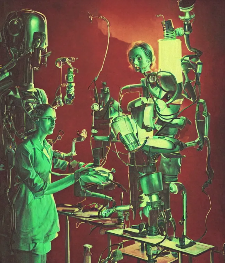 Prompt: a female mad scientist building a humanoid robot, in a darkly lit laboratory room, 1 9 5 0 s horror movie poster style, norman rockwell oil painting, close - up shot, retro science fiction, vintage, saturated pink and green lighting, shadowy lighting, cohesive