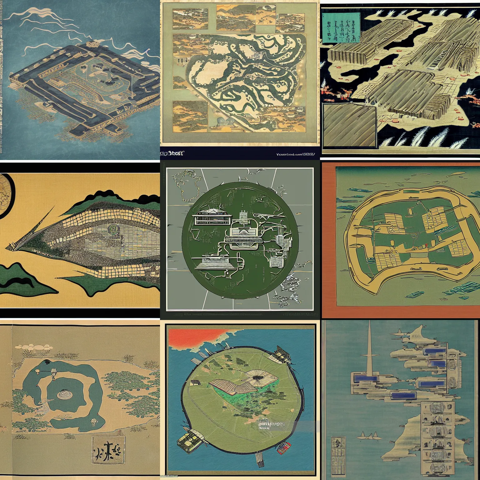 Prompt: map of a futuristic military base in the style of an ancient japanese painting