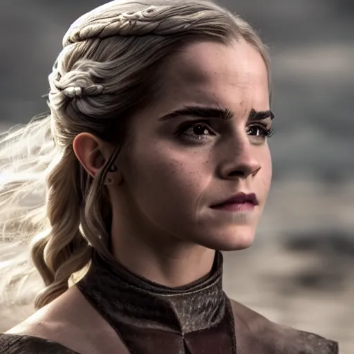 Image similar to Emma Watson as Daenerys Targaryen, XF IQ4, f/1.4, ISO 200, 1/160s, 8K, Sense of Depth, color and contrast corrected, Nvidia AI, Raytracing, Dolby Vision, in-frame