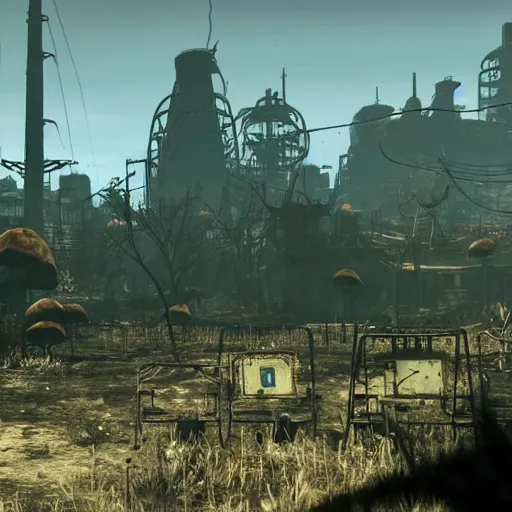 Prompt: mushroom kingdom from the super mario franchise in ruins post - nuclear war in fallout 4, in game screenshot