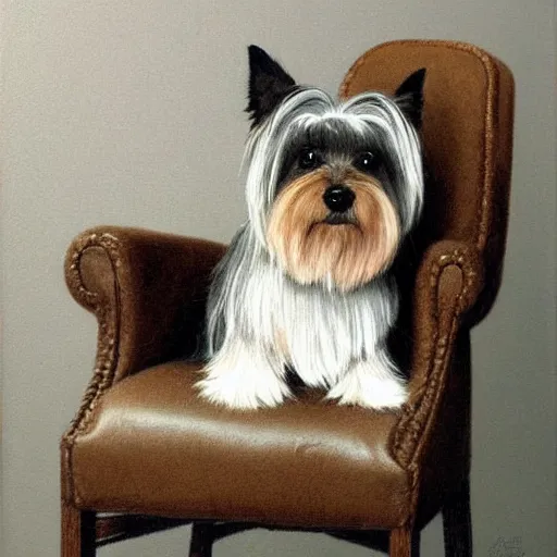 Image similar to old brown and gray Yorkshire terrier dog sitting a white leather chair, long hair, extremely detailed masterpiece, illustration, by Michael Sowa,