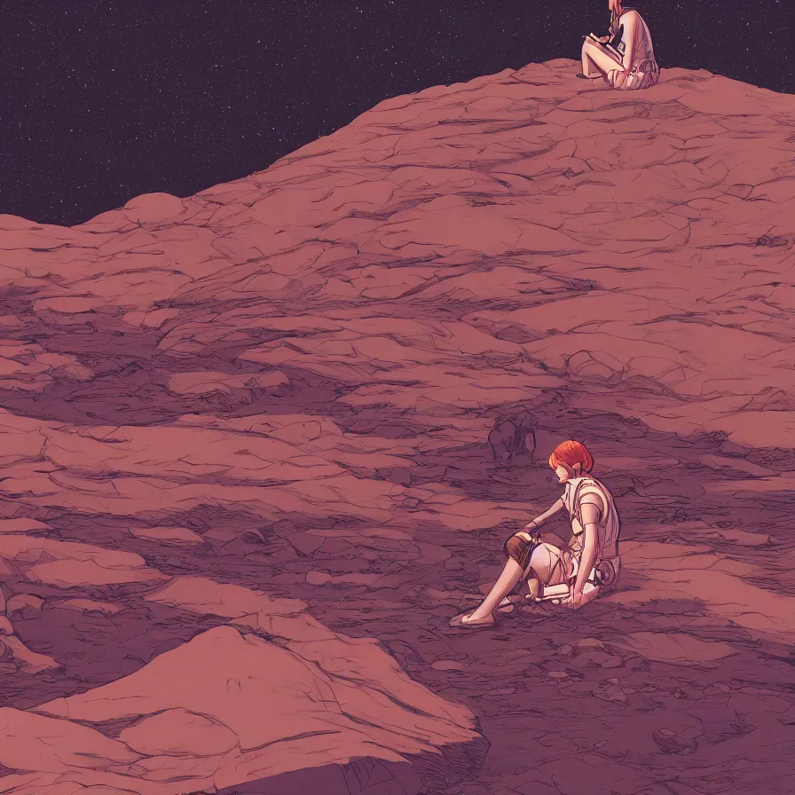 Image similar to very detailed, prophet graphic novel, ilya kuvshinov, mcbess, rutkowski, simon roy, illustration of a girl sitting alone on the surface of mars while staring at her phone, wide shot, colorful, deep shadows, astrophotography, award winning