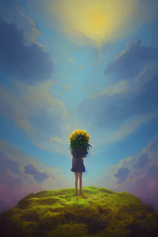 Image similar to closeup, giant flower head, girl standing on cliff, surreal photography, sunrise, blue sky, dramatic light, impressionist painting, digital painting, artstation, simon stalenhag