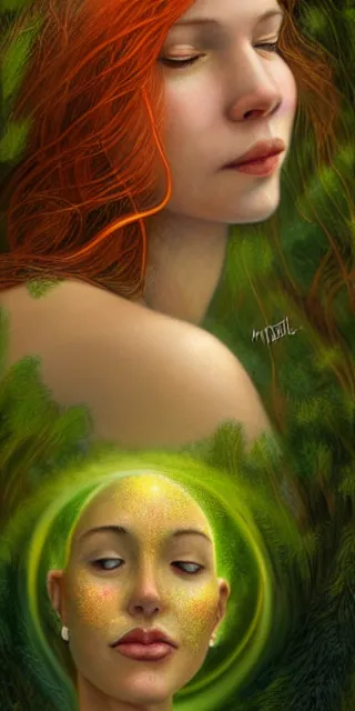 Image similar to infp young woman, smiling amazed, golden fireflies lights, sitting in the midst of nature fully covered, long loose red hair, intricate linework, green eyes, small nose with freckles, oval shape face, realistic, expressive emotions, dramatic lights spiritual scene, hyper realistic ultrafine art by michael cheval, jessica rossier, boris vallejo