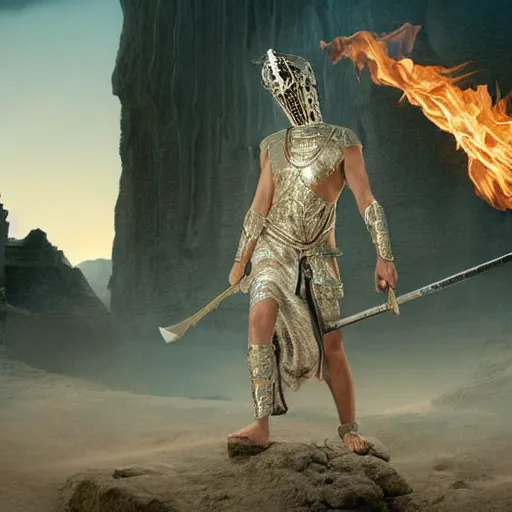 Image similar to cinematic still of ghostly man in ancient Canaanite armor and a flaming sword, paradise in the background, Biblical epic directed by Peter Jackson