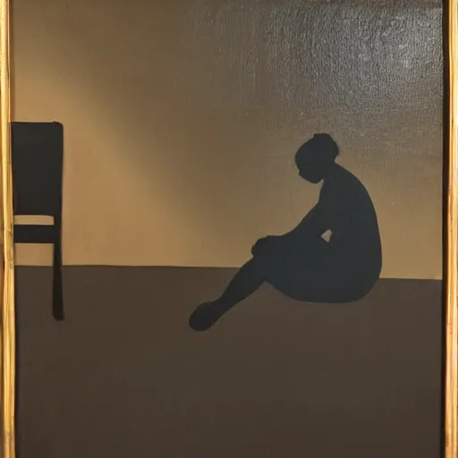 Image similar to a silhouette of two depressed people sitting in the corner of a dark room, oil on canvas