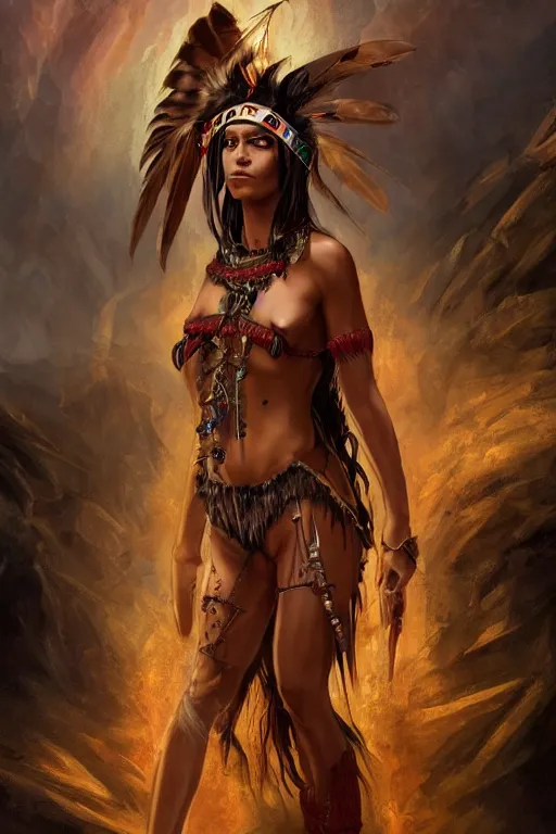 Prompt: fantasy character concept portrait, digital painting, wallpaper of a native american girl, with skin of obsidian, with veins of magma and gold, renaissance nimbus overhead, by aleksi briclot, by laura zalenga, by alexander holllow fedosav, 8 k dop dof hdr, vibrant