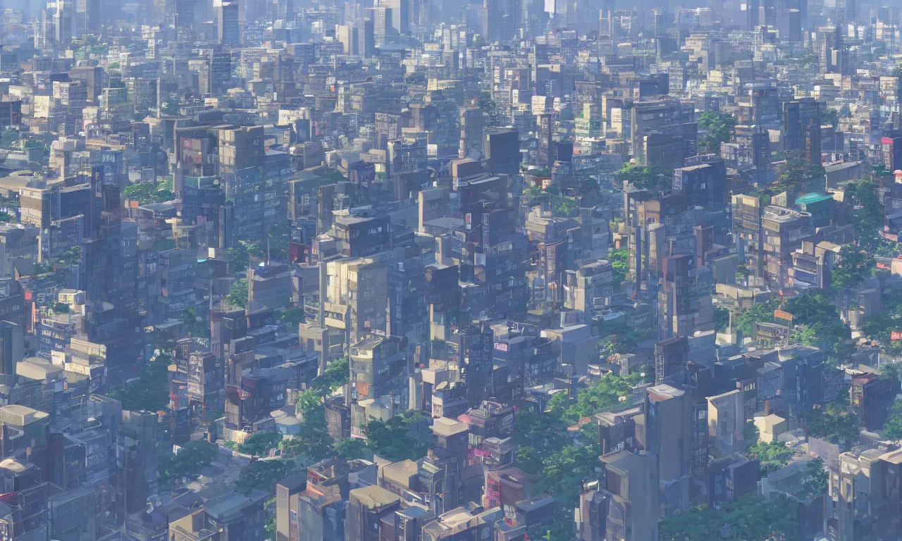 Image similar to A screenshot of a city view of seoul in the scene in the Makoto Shinkai anime film Kimi no na wa, pretty rim highlights and specular