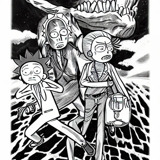 Image similar to rick and morty drawn in the style of Kentaro Miura from berserk, manga, high detail,