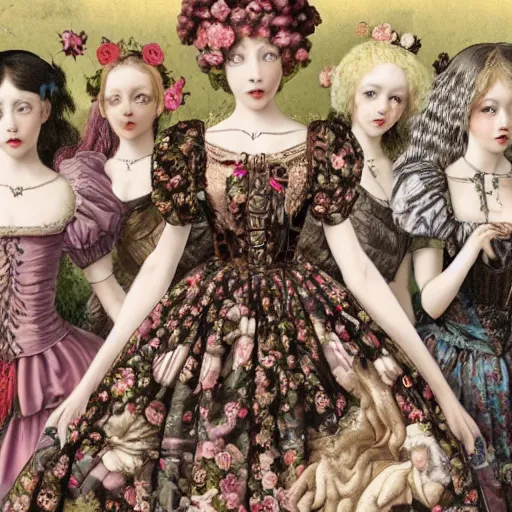 Image similar to 8k, realism, renaissance, baroque, group of creepy young ladies wearing renaissance long harajuku manga dress with flowers and skulls, background chaotic flowers