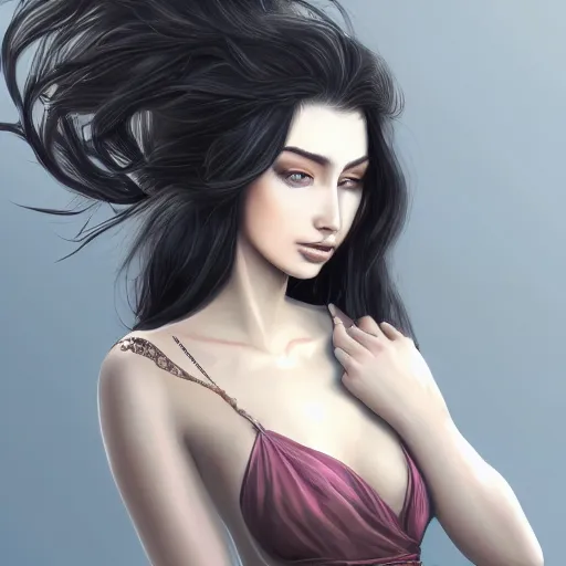 Prompt: A portrait of an attractive young female with beautiful long black hair, wind blowing and hair flowing , intricate, highly detailed, elegant, digital painting, trending on artstation