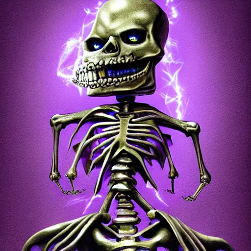 Image similar to a detailed portrait of a fancy skeleton with expressive features and metallic teeth, metal teeth, skeleton in a suit, purple glowing eyes, fantasy art, character, wizard, barbarian