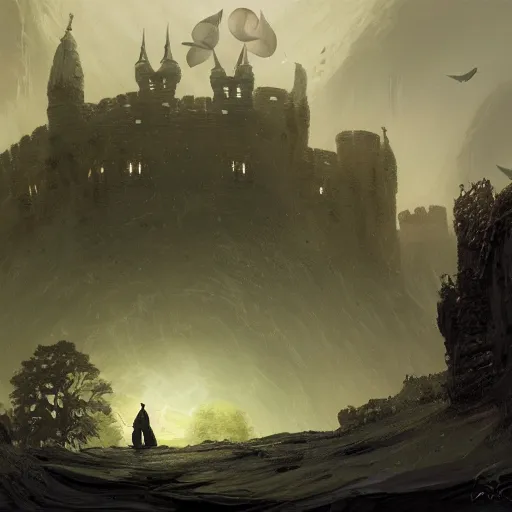 Prompt: the concept artist thinks to himself before he writes dozens of hived hexagonal frog kappa bee fat guys in the castle keep glorious cliff moat with the crescent moon rippling above. Craig Mullins, Dylan Cole, Liang Mark, Darek Zabrocki, Finnian MacManus, Sung Choi, Ruan jia, Albert Bierstadt Greg Rutkowski, Cinematic Keyframe Environmental & Architectural Design Concept Art, Trending on ArtStation?