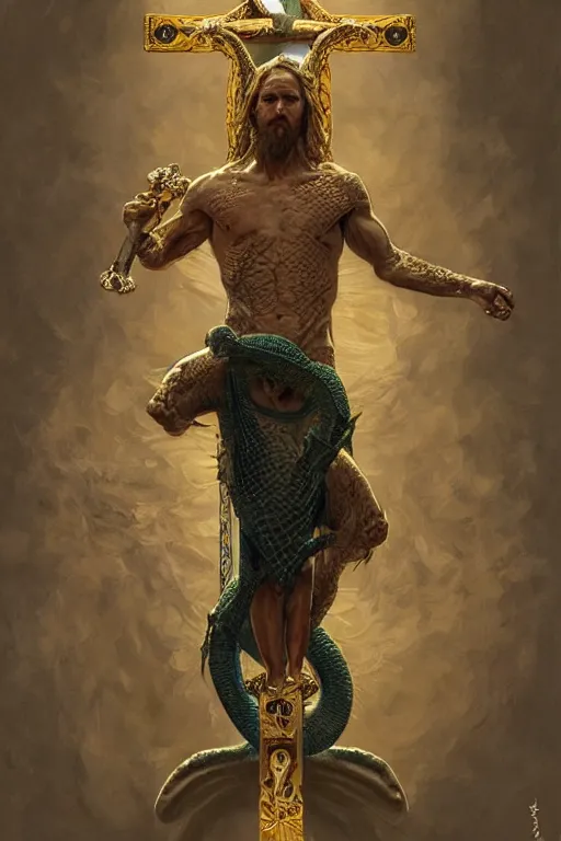 Image similar to fullbody!! dynamic action pose, christ with the head of a scaly cold blooded reptilian lizard holding a holy cross in his claws, intricate, elegant, highly detailed, digital painting, artstation, concept art, smooth, sharp focus, illustration, art by artgerm and greg rutkowski and alphonse mucha