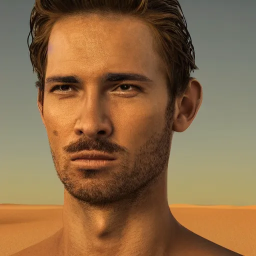 Prompt: A highly detailed portrait photo of a man in a desert looking for water, 8k , concept art