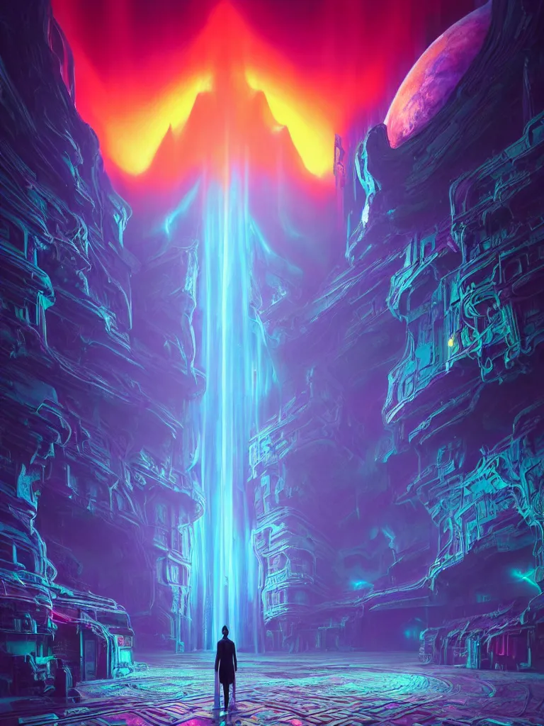 Image similar to entrance to ethereal realm, god waiting, rendered in unreal engine, central composition, symmetrical composition, dreamy colorful cyberpunk colors, 6 point perspective, fantasy landscape with anthropomorphic!!! terrain!!! in the styles of igor morski, jim warren, and rob gonsalves, intricate, hyperrealistic, volumetric lighting, neon ambiance, distinct horizon