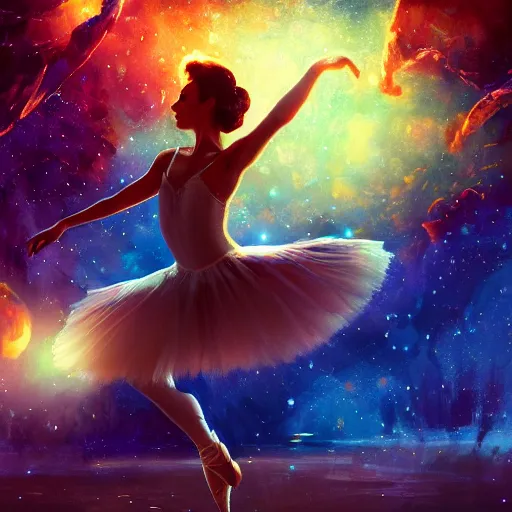 Image similar to a ballerina dancing in space, warm lighting with cool shadows, digital painting, detailed, trending on artstation, nebulas in background, expressive digital painting, in the style of dominik mayer marco bucci, gaston bussiere, and norman rockwell, beautiful nebulas in the background, 8 k, hard lines, particles, ray tracing, realism