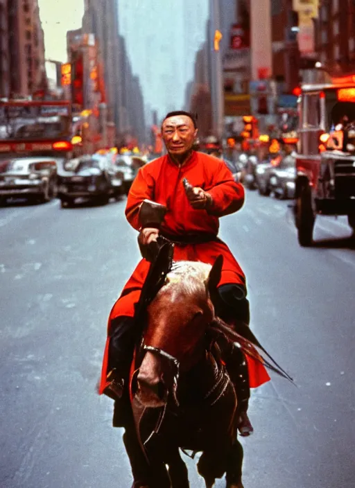 Image similar to a 35mm photograph of Genghis Khan riding a horse down a New York city street in the 1960's, bokeh, Canon 50mm, cinematic lighting, photography, retro, film, Kodachrome