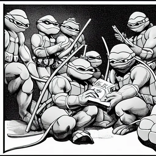 Prompt: digital artwork of Teenage Mutant Ninja Turtles reading the bible, trending on artstation