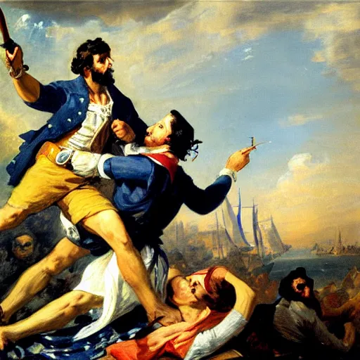 Image similar to a painting of a facebook engineer programming a continuous integration system in the style of delacroix\'s liberty leading the people