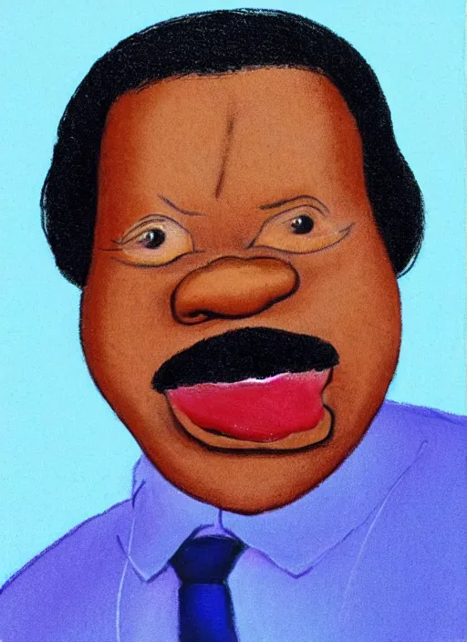 Prompt: ( ( ( caricature of leslie david baker as stanley hudson of the office television series ) ) ) pastels, head to waist, light coming from the right side, red background,