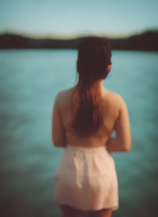 Image similar to a 2 8 mm holga photo from the back of a woman at the edge of a lake, splash art, movie still, bokeh, canon 5 0 mm, cinematic lighting, dramatic, film, photography, golden hour, depth of field, award - winning, anamorphic lens flare, 8 k, hyper detailed, 3 5 mm film grain