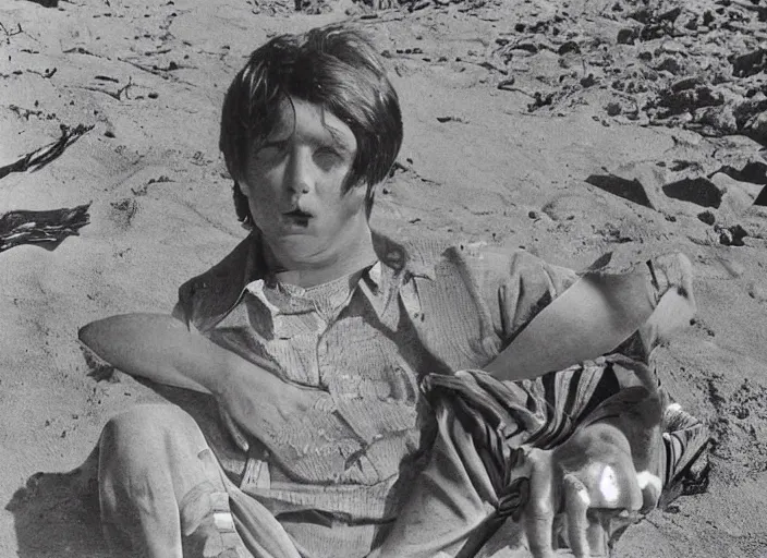 Prompt: brian wilson of the beach boys on the beach as a boy, on the beach also is john lennon of the beatles as a beetle