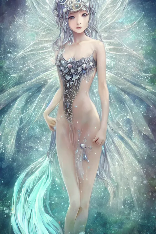 Image similar to a moon fairy dressed in intricate silver clothing surrounded by water particles above a serene pond, fantasy, wlop, trending on artstation, deviantart, anime key visual, official media, professional art, 8 k uhd