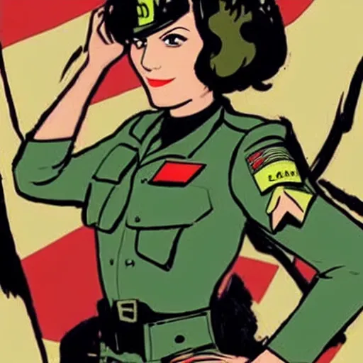 Image similar to brunette woman, short hair, flipped out ends hair, bright green eyes, fascistic military uniform, smirk, cartoon style