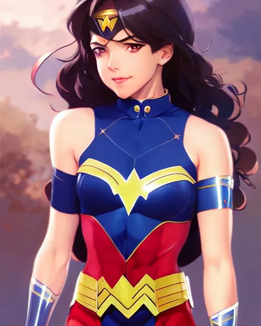 Image similar to portrait Anime as Wonderwoman girl cute-fine-face, pretty face, realistic shaded Perfect face, fine details. Anime. realistic shaded lighting by Ilya Kuvshinov Giuseppe Dangelico Pino and Michael Garmash and Rob Rey