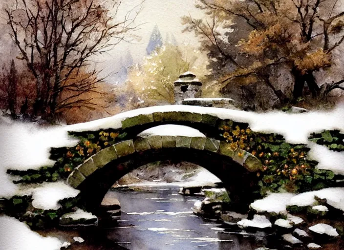 Image similar to watercolor of rustic stone bridge with mural, ivy, in winter landscape, glistering, high detailed art by dennis miller bunker, work by anders zorn, wonderful masterpiece by greg rutkowski, beautiful cinematic light, american romanticism by greg manchess, creation by tyler edlin