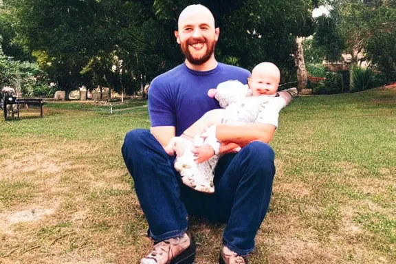 Prompt: a very happy man holding a baby by its leg