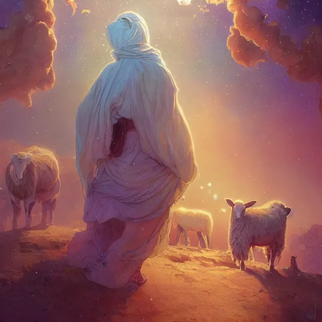 Prompt: bedouin father with sheeps surrounded by nebula, highly detailed, gold filigree, romantic storybook fantasy, soft cinematic lighting, award, disney concept art watercolor illustration by mandy jurgens and alphonse mucha and alena aenami, pastel color palette, featured on artstation