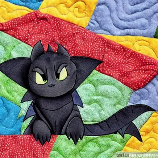 Image similar to adorable dragon in the style of how to train your dragon sitting on a pile of quilts