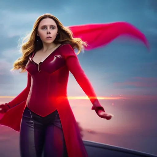 Image similar to movie still of elizabeth olsen as the scarlet witch afloat!!!!! in the air with red glowing eyes, emanating red magic!!!!! from her palms, full - body portrait, trending on artstation, 8 k quality, cgsociety contest winner, artstation hd, artstation hq, luminous lighting, beautiful cloudy atmosphere